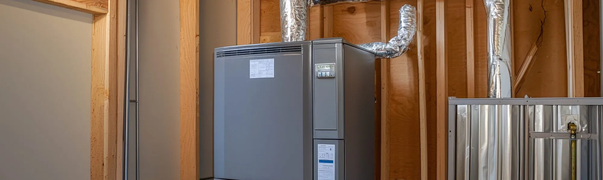 Modern HVAC furnace system installed in a home under construction with exposed ductwork and wooden framing.